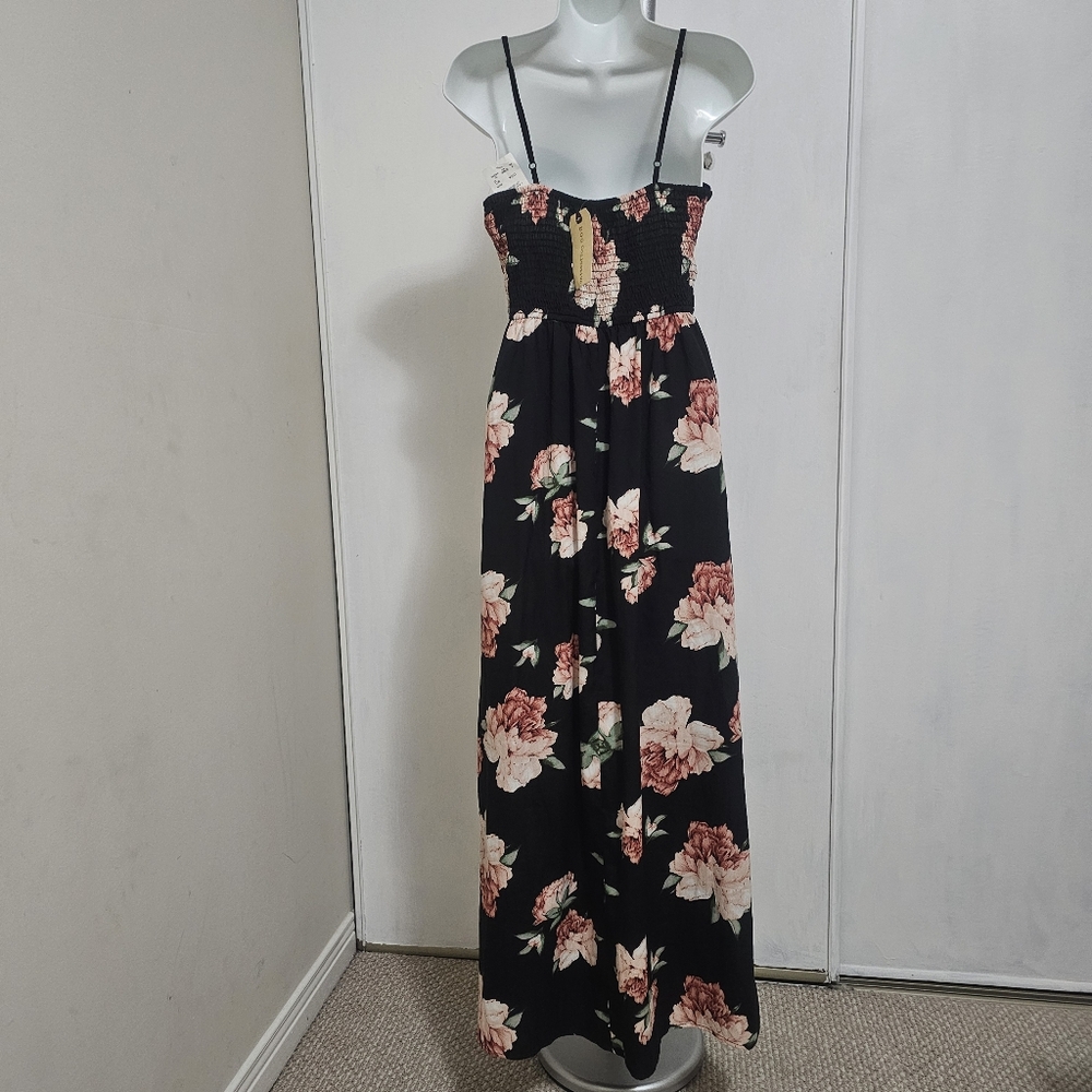 NWT Elegant Black & Pink Floral Maxi Dress with Sweetheart Neckline Sz M - Picture 4 of 12